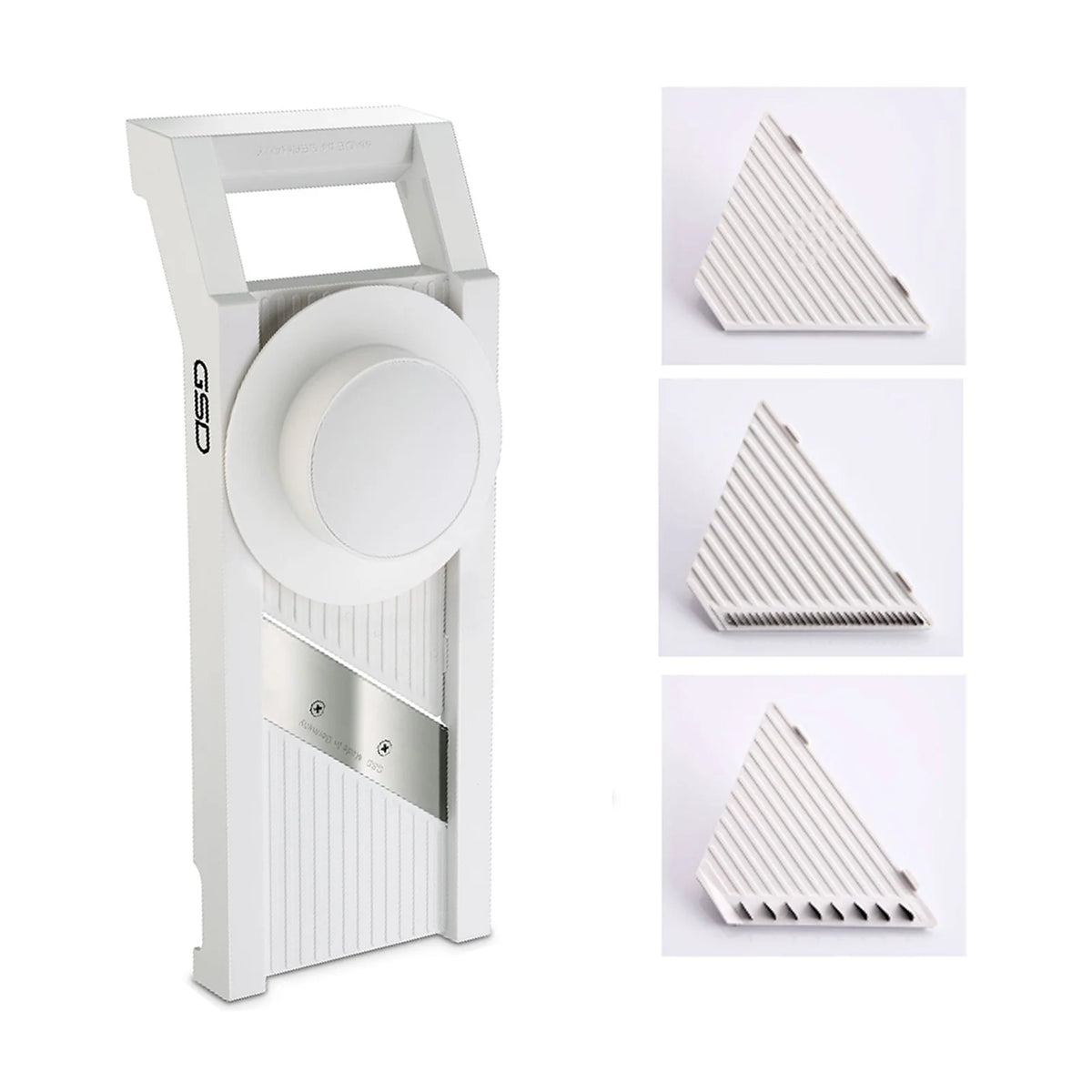 Universal Mandoline Slicer with Interchangeable Cutting Elements, Food Holder and Finger Protection — White / 3-in-1