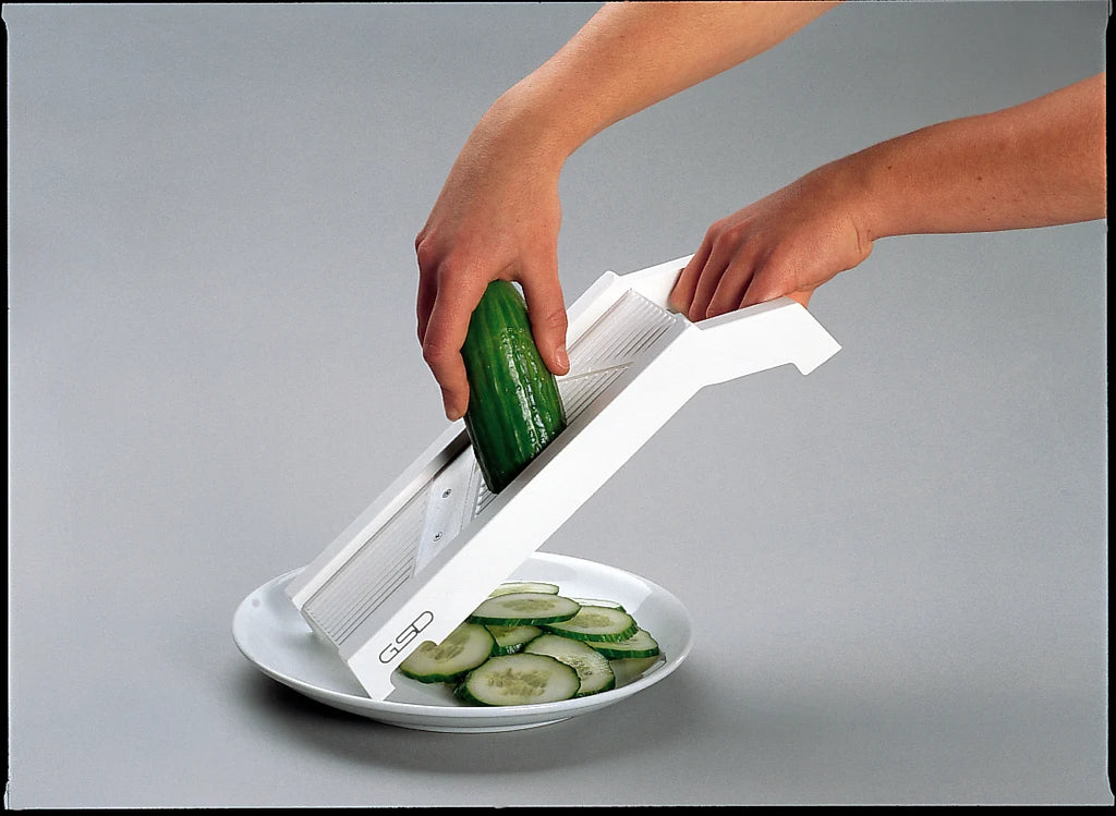 Universal Mandoline Slicer with Interchangeable Cutting Elements, Food Holder and Finger Protection