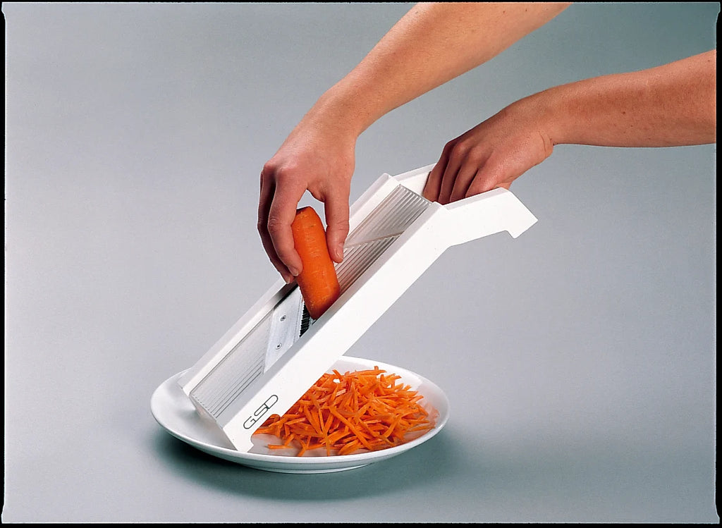 Universal Mandoline Slicer with Interchangeable Cutting Elements, Food Holder and Finger Protection