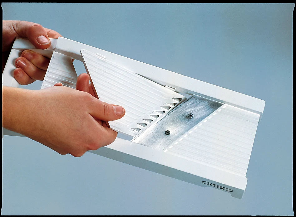 Universal Mandoline Slicer with Interchangeable Cutting Elements, Food Holder and Finger Protection