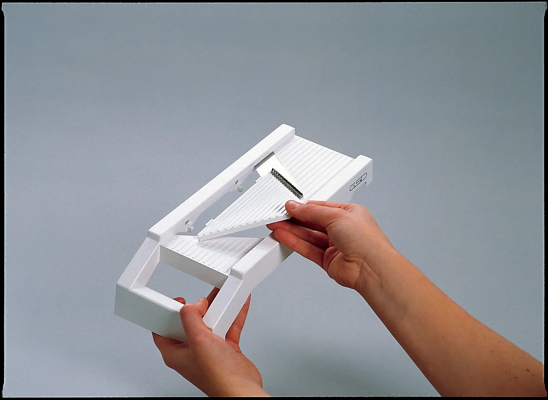 Universal Mandoline Slicer with Interchangeable Cutting Elements, Food Holder and Finger Protection