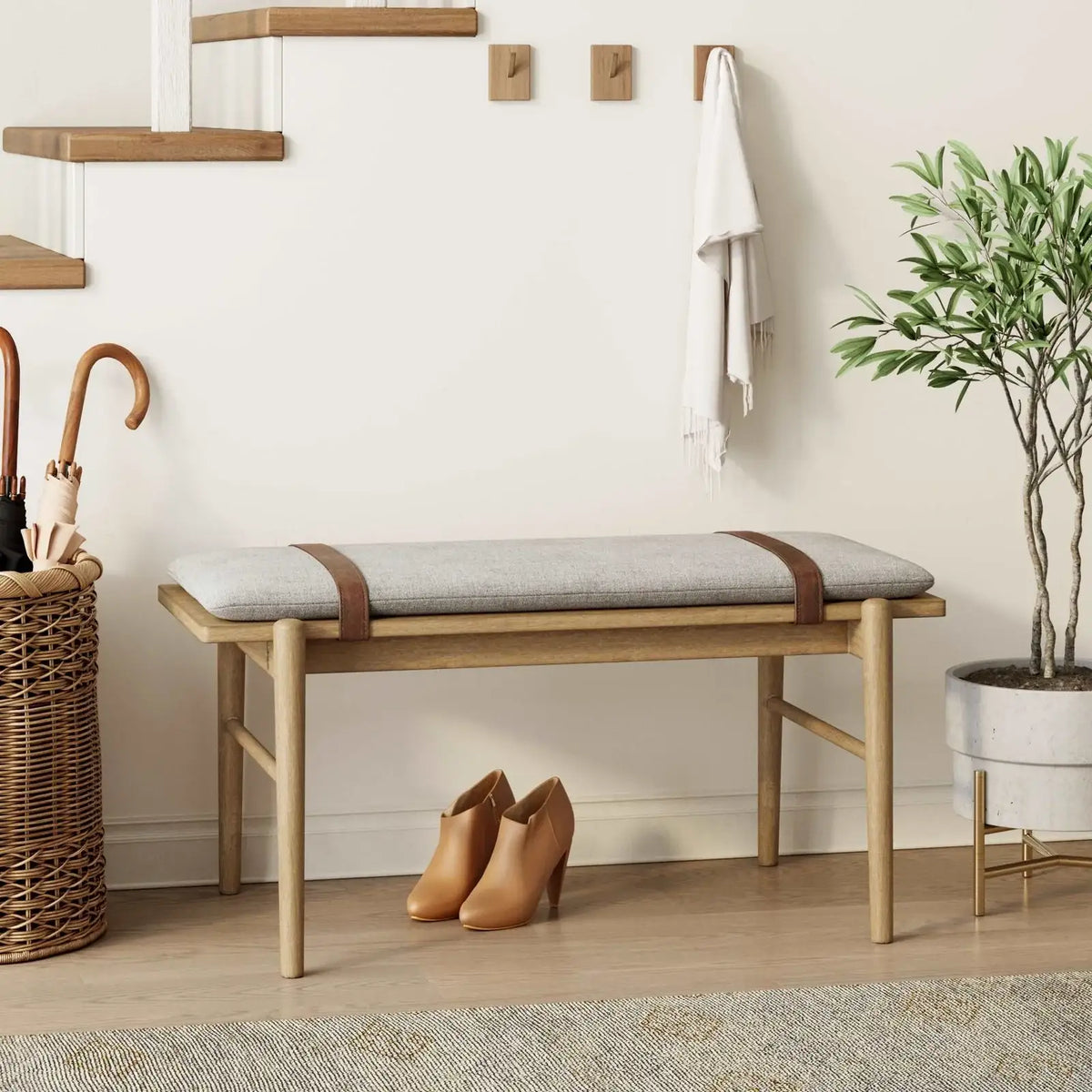 Upholstered Bench, Brushed Light Brown-Feather