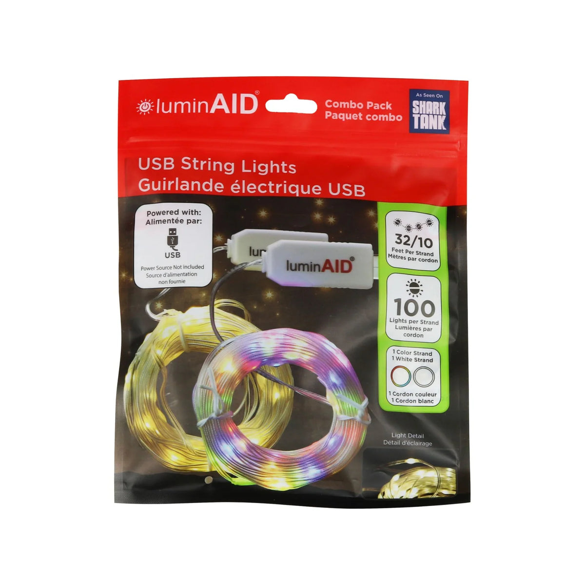 USB String Lights Combo Pack with Warm White and Multicolor 32-Foot LED Strands for Camping, Bedrooms, and Backyards