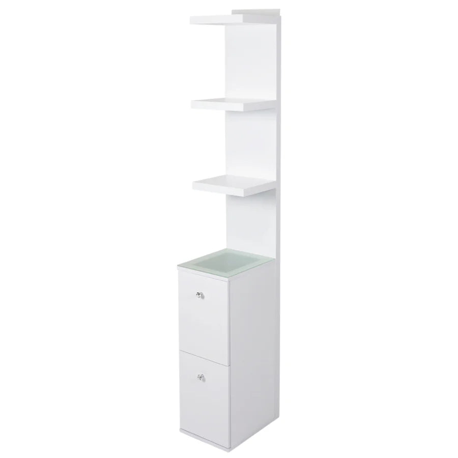 Vanity Storage Column with Display Shelves and Two Large Drawers for Organizing Your Vanity Area