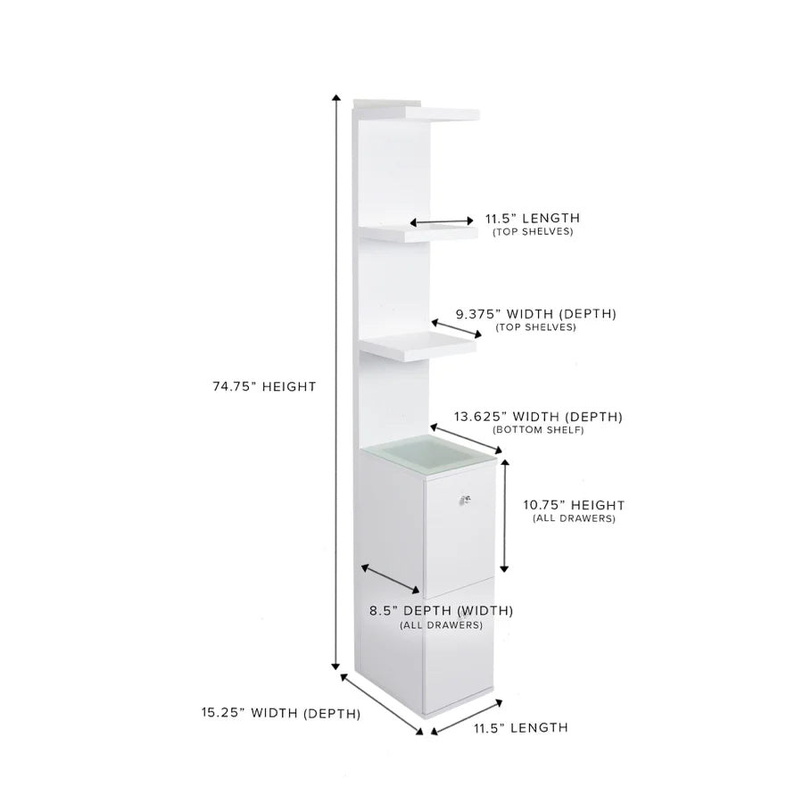 Vanity Storage Column with Display Shelves and Two Large Drawers for Organizing Your Vanity Area