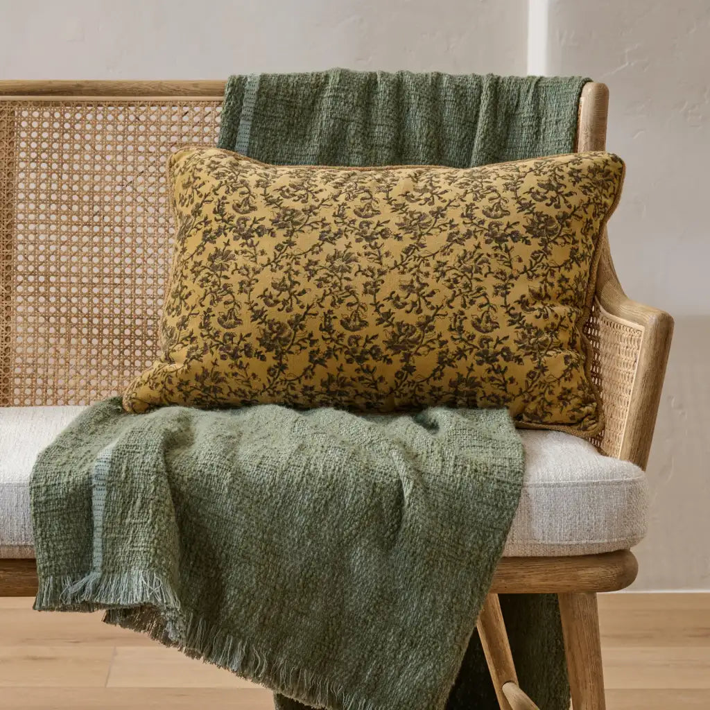 Velvet Amber Vines Lumbar Pillow with Earthy Tones and Block-Printed Pattern for Sofas, Beds, and Chairs