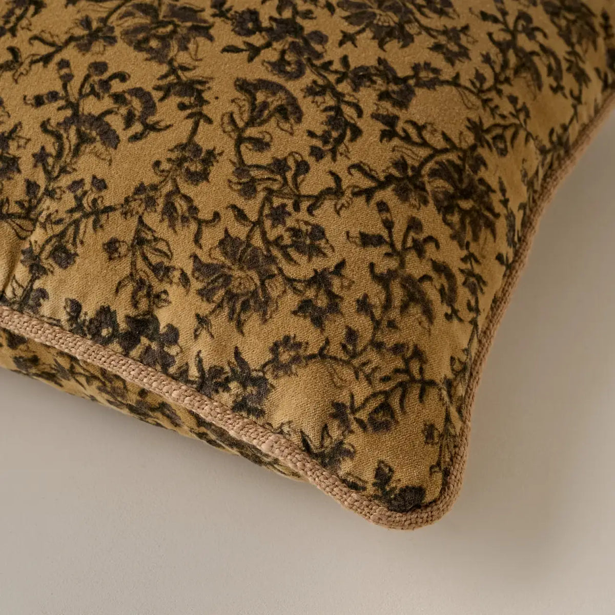 Velvet Amber Vines Lumbar Pillow with Earthy Tones and Block-Printed Pattern for Sofas, Beds, and Chairs