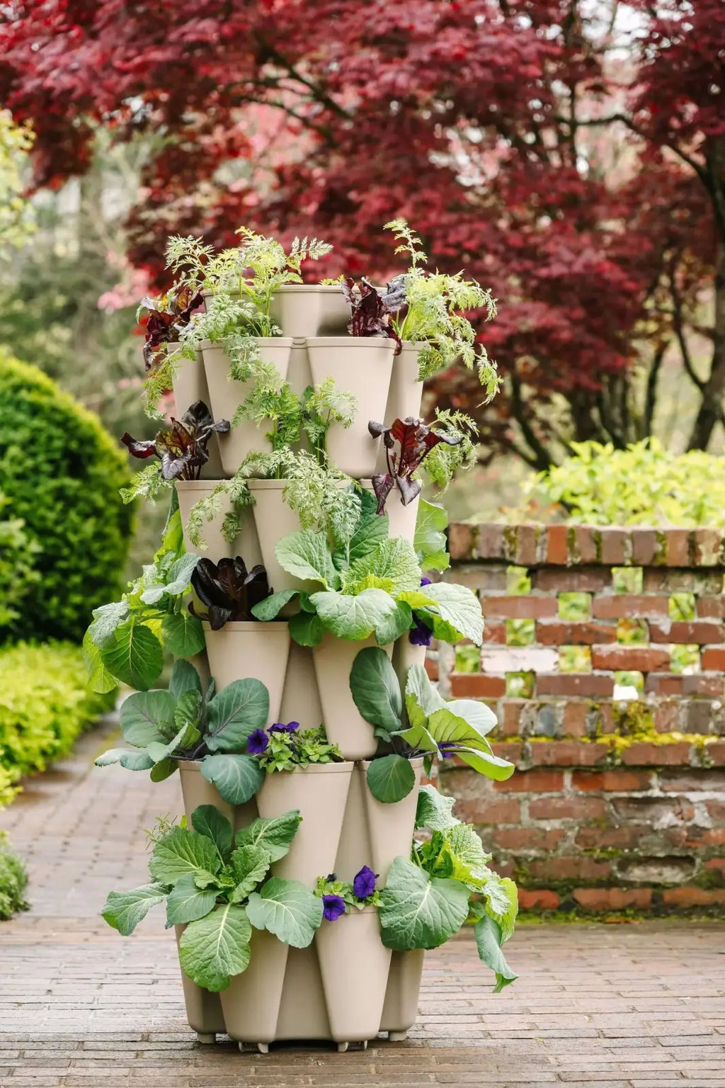 Vertical Planter with Five Tiers and 30 Deep Planting Pockets in a Light Sandy Texture for Container Gardening