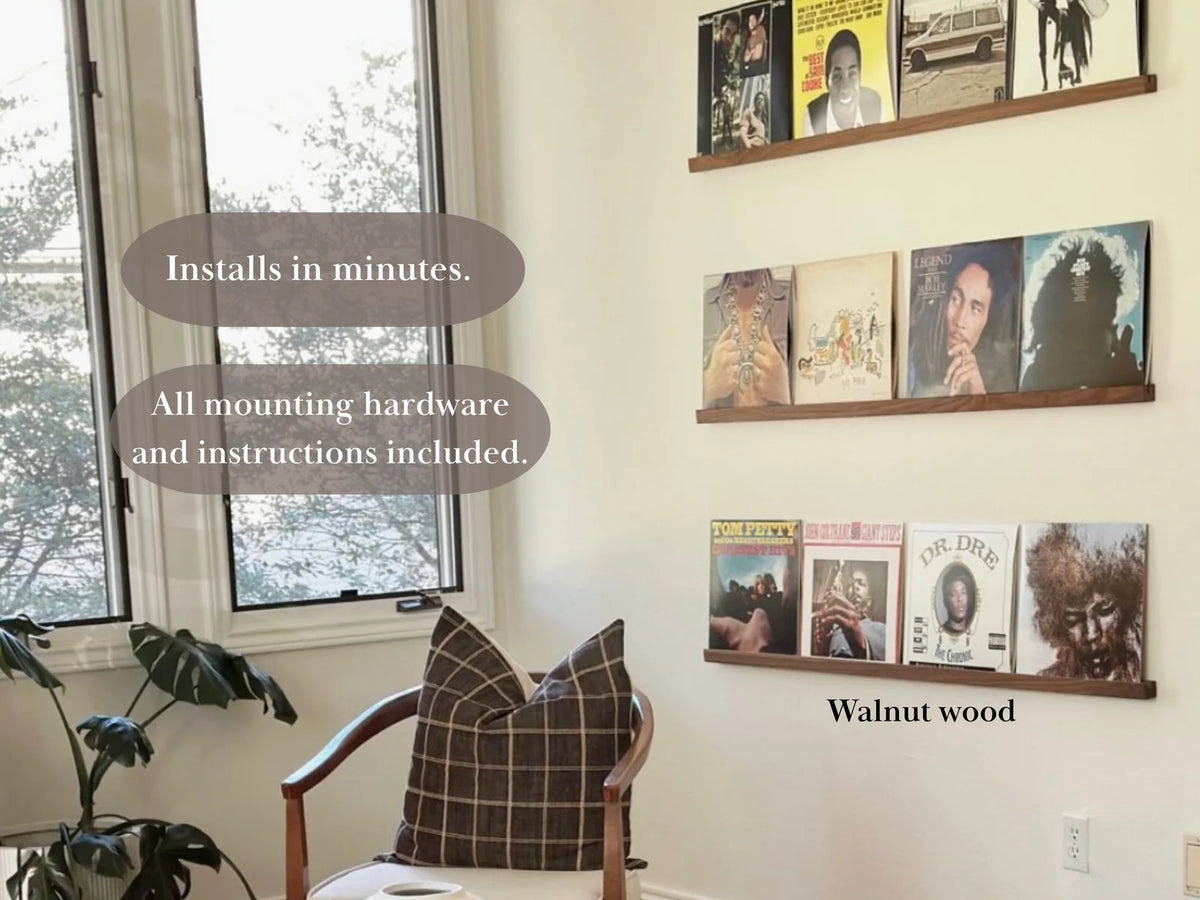 Vinyl Record Display Shelf with Slim Hardwood Groove, Wall Mount Hardware and Custom Length