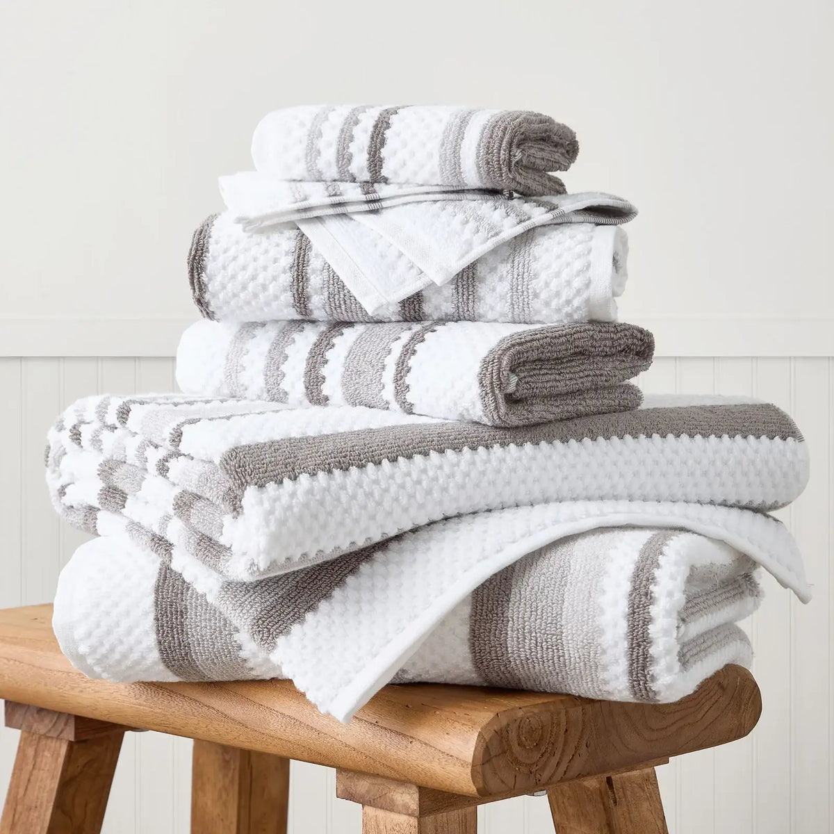 Waffle-Textured Bath Towel Set in Soft Combed Cotton, Six Pieces, Radiant Grey