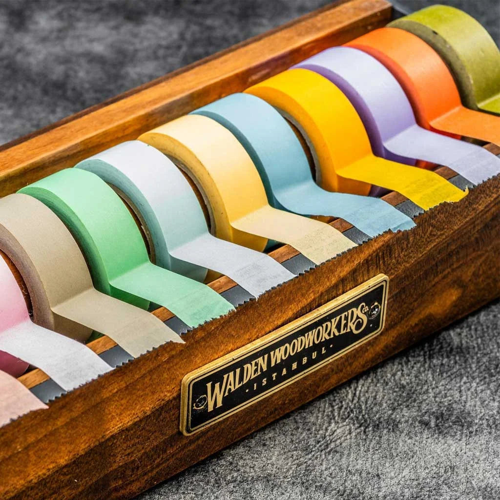Walnut Wood Washi Tape Dispenser with Cast Iron Cutter for Medium or Large Desk Tape Collections
