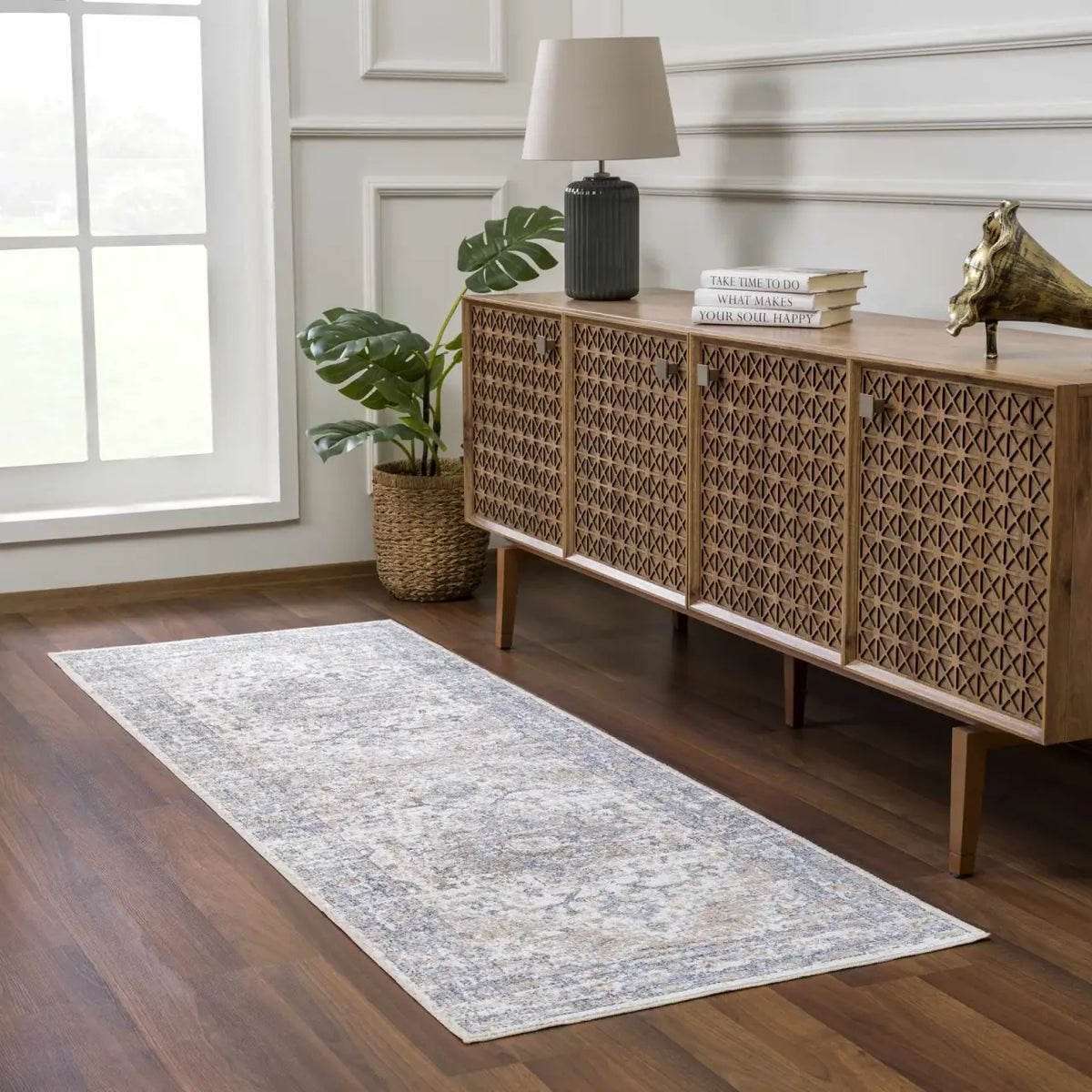 Washable Area Rug in Cream with Traditional Medallion Styling and Machine-Woven Polyester Construction