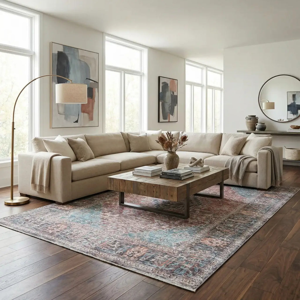 Washable Area Rug with Oriental Medallion Design, Low-Profile 0.16-Inch Polyester Face and Multiple Rectangle or Runner Si