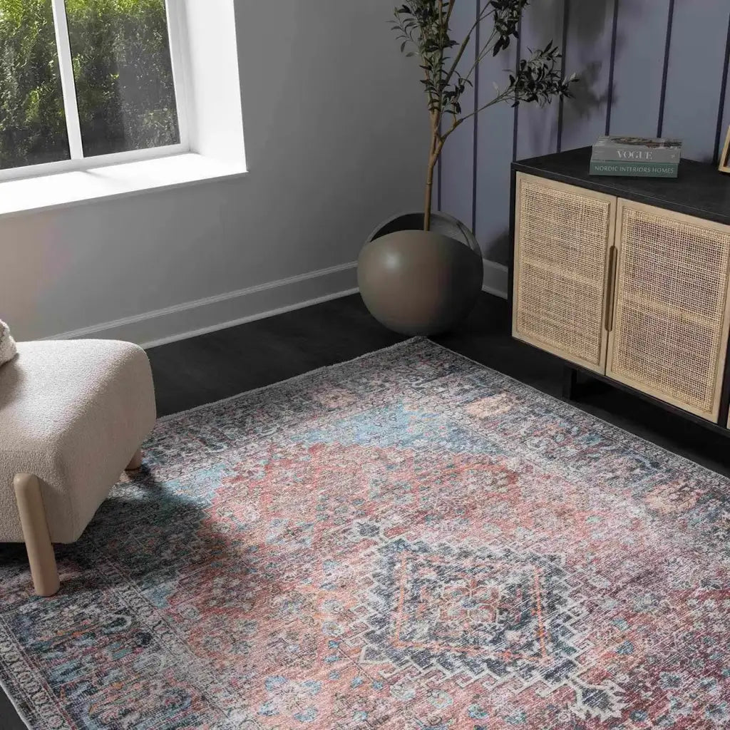 Washable Area Rug with Oriental Medallion Design, Low-Profile 0.16-Inch Polyester Face and Multiple Rectangle or Runner Si