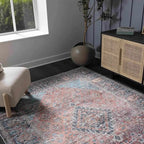 Washable Area Rug with Oriental Medallion Design, Low-Profile 0.16-Inch Polyester Face and Multiple Rectangle or Runner Si