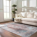 Washable Area Rug with Oriental Medallion Design, Low-Profile 0.16-Inch Polyester Face and Multiple Rectangle or Runner Si