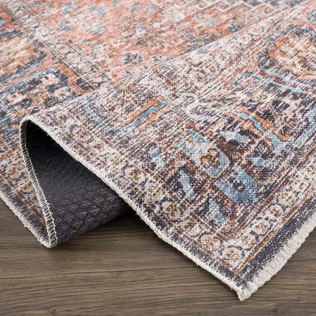 Washable Area Rug with Oriental Medallion Design, Low-Profile 0.16-Inch Polyester Face and Multiple Rectangle or Runner Si