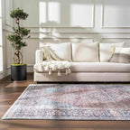 Washable Area Rug with Oriental Medallion Design, Low-Profile 0.16-Inch Polyester Face and Multiple Rectangle or Runner Si