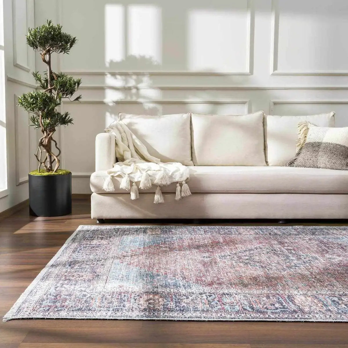 Washable Area Rug with Oriental Medallion Design, Low-Profile 0.16-Inch Polyester Face and Multiple Rectangle or Runner Si