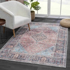 Washable Area Rug with Oriental Medallion Design, Low-Profile 0.16-Inch Polyester Face and Multiple Rectangle or Runner Si