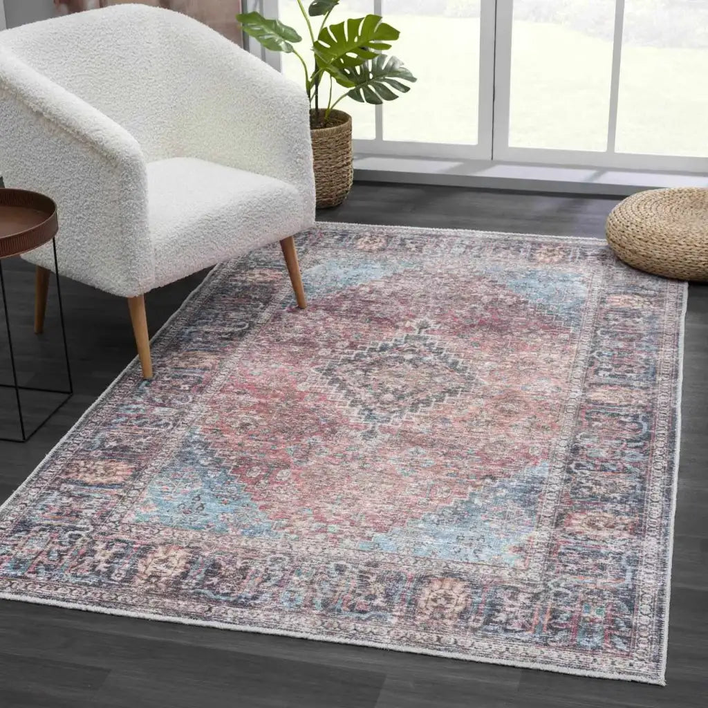 Washable Area Rug with Oriental Medallion Design, Low-Profile 0.16-Inch Polyester Face and Multiple Rectangle or Runner Si