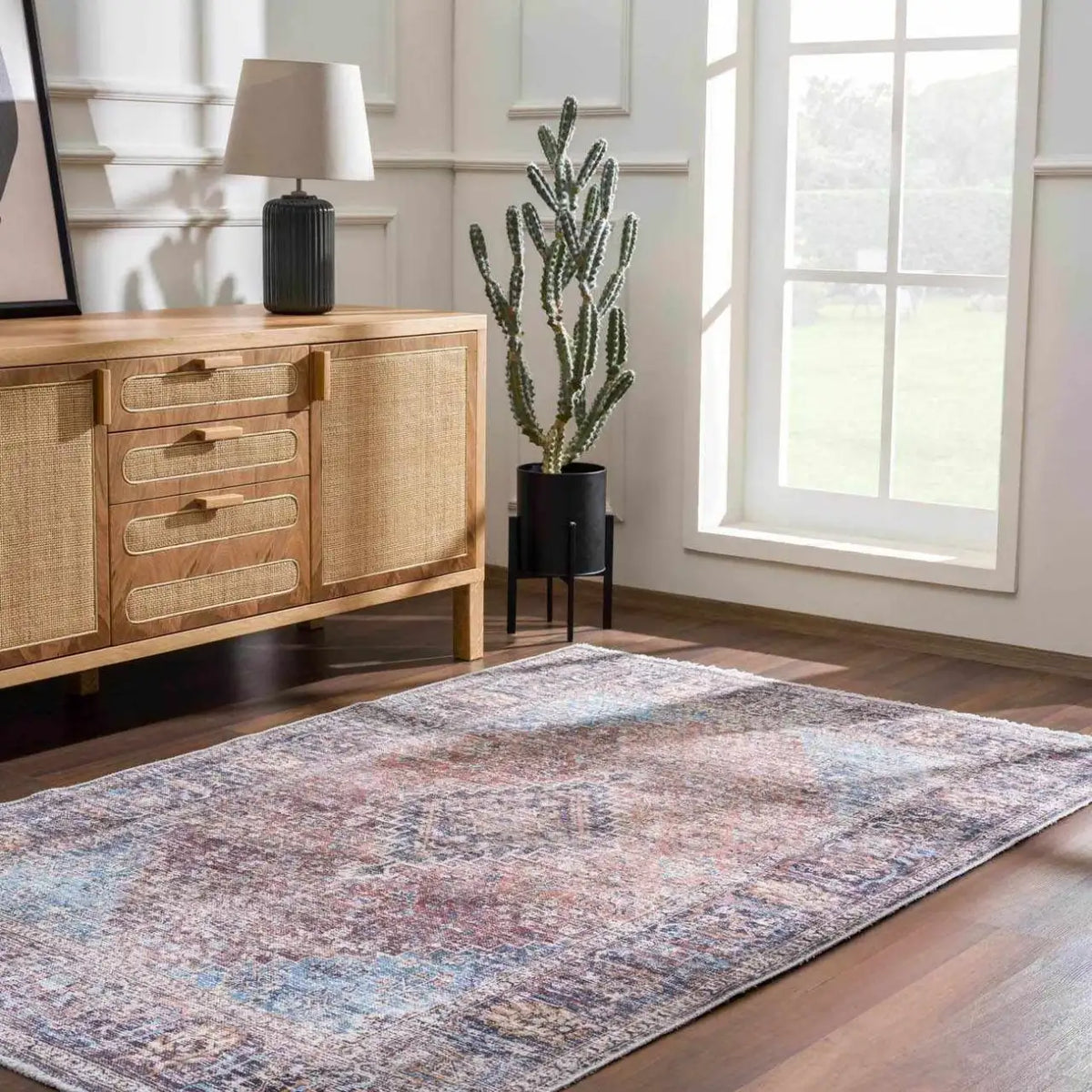 Washable Area Rug with Oriental Medallion Design, Low-Profile 0.16-Inch Polyester Face and Multiple Rectangle or Runner Si
