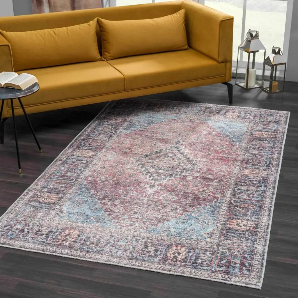 Washable Area Rug with Oriental Medallion Design, Low-Profile 0.16-Inch Polyester Face and Multiple Rectangle or Runner Si