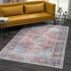 Washable Area Rug with Oriental Medallion Design, Low-Profile 0.16-Inch Polyester Face and Multiple Rectangle or Runner Si