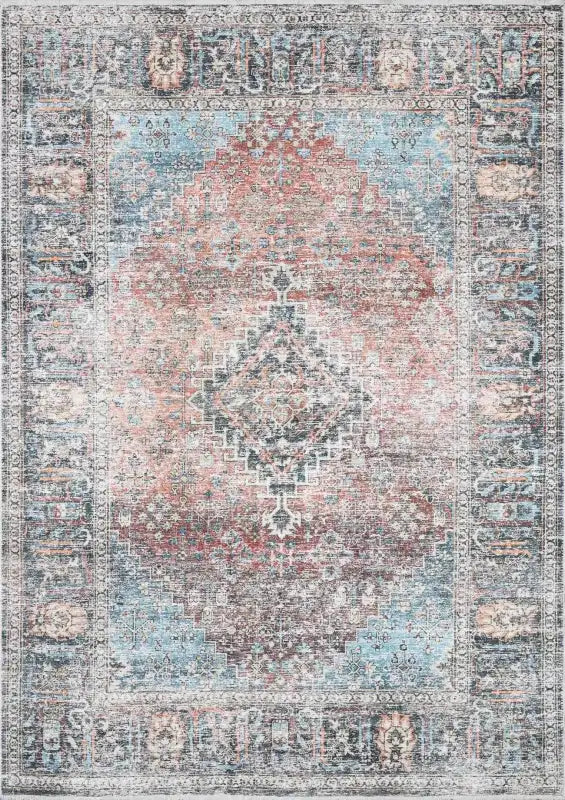 Washable Area Rug with Oriental Medallion Design, Low-Profile 0.16-Inch Polyester Face and Multiple Rectangle or Runner Si