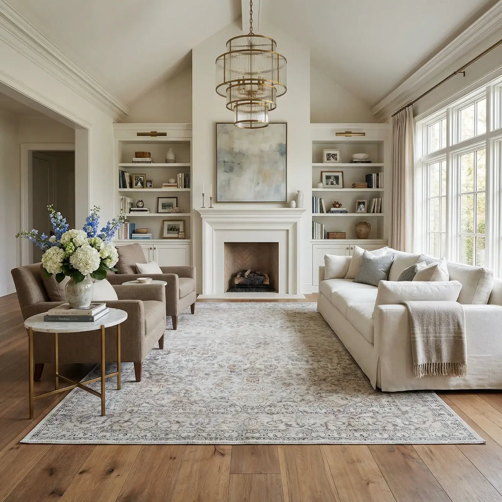 Washable Cream Area Rug with Traditional Pattern, Low Profile and Rectangle, Square or Runner Sizes