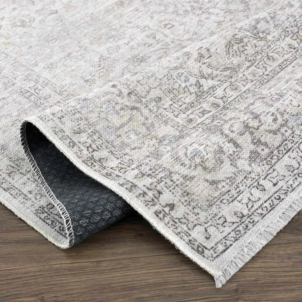 Washable Cream Area Rug with Traditional Pattern, Low Profile and Rectangle, Square or Runner Sizes