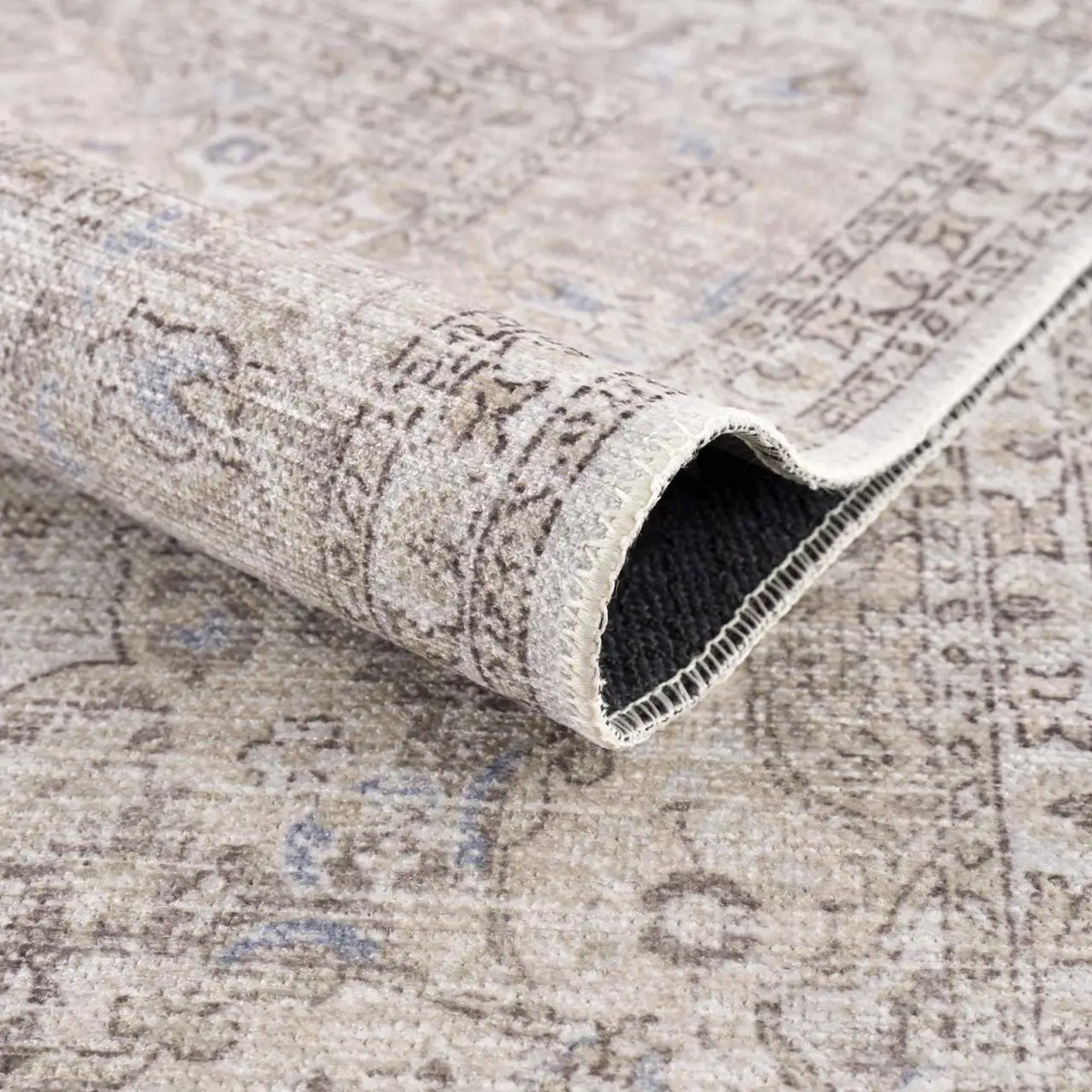 Washable Cream Area Rug with Traditional Pattern, Low Profile and Rectangle, Square or Runner Sizes