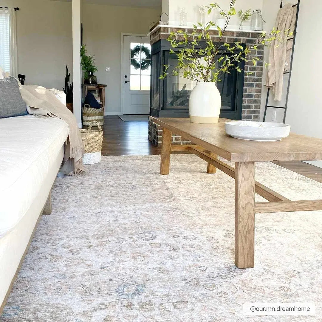 Washable Cream Area Rug with Traditional Pattern, Low Profile and Rectangle, Square or Runner Sizes