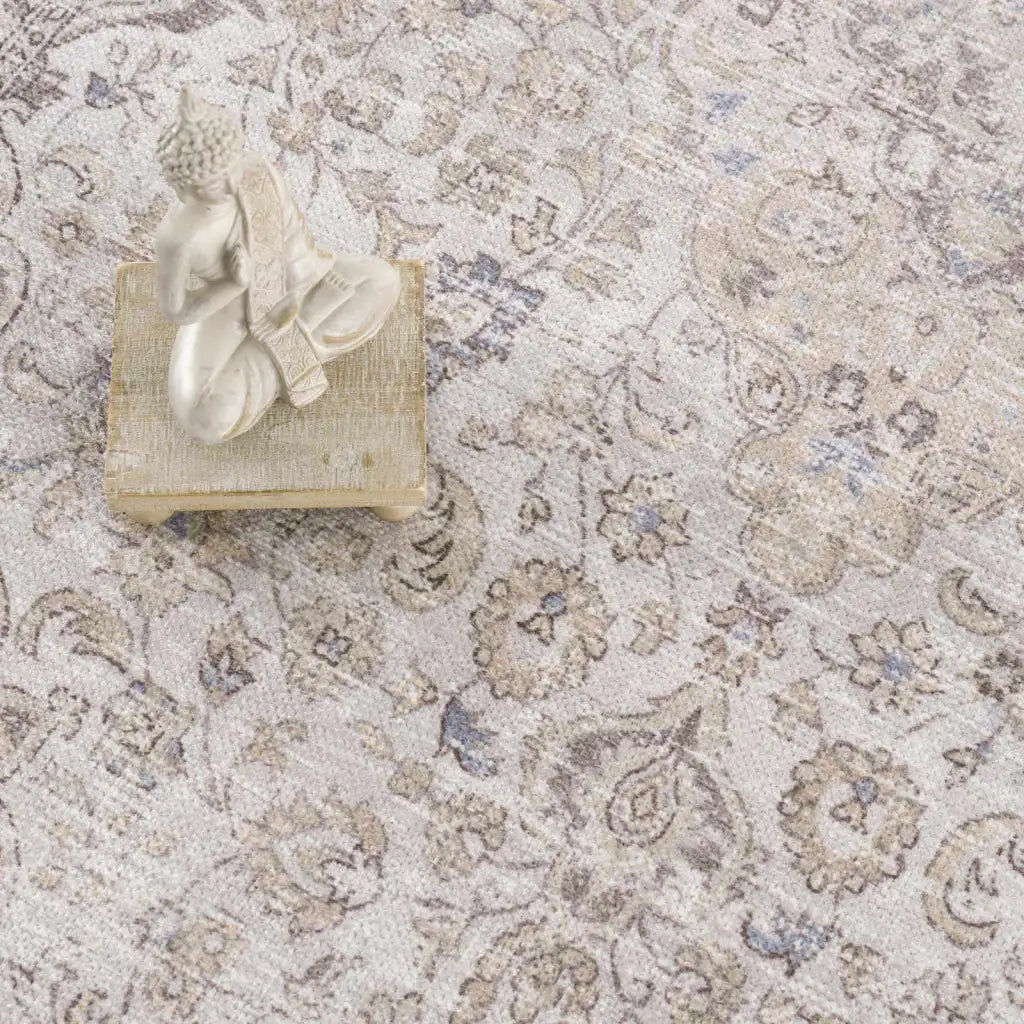 Washable Cream Area Rug with Traditional Pattern, Low Profile and Rectangle, Square or Runner Sizes