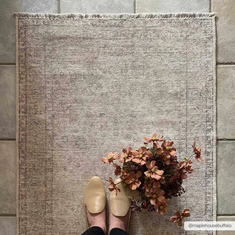 Washable Cream Area Rug with Traditional Pattern, Low Profile and Rectangle, Square or Runner Sizes