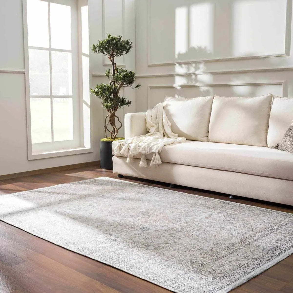 Washable Cream Area Rug with Traditional Pattern, Low Profile and Rectangle, Square or Runner Sizes