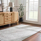 Washable Cream Area Rug with Traditional Pattern, Low Profile and Rectangle, Square or Runner Sizes