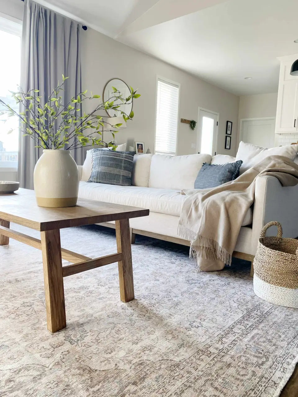 Washable Cream Area Rug with Traditional Pattern, Low Profile and Rectangle, Square or Runner Sizes