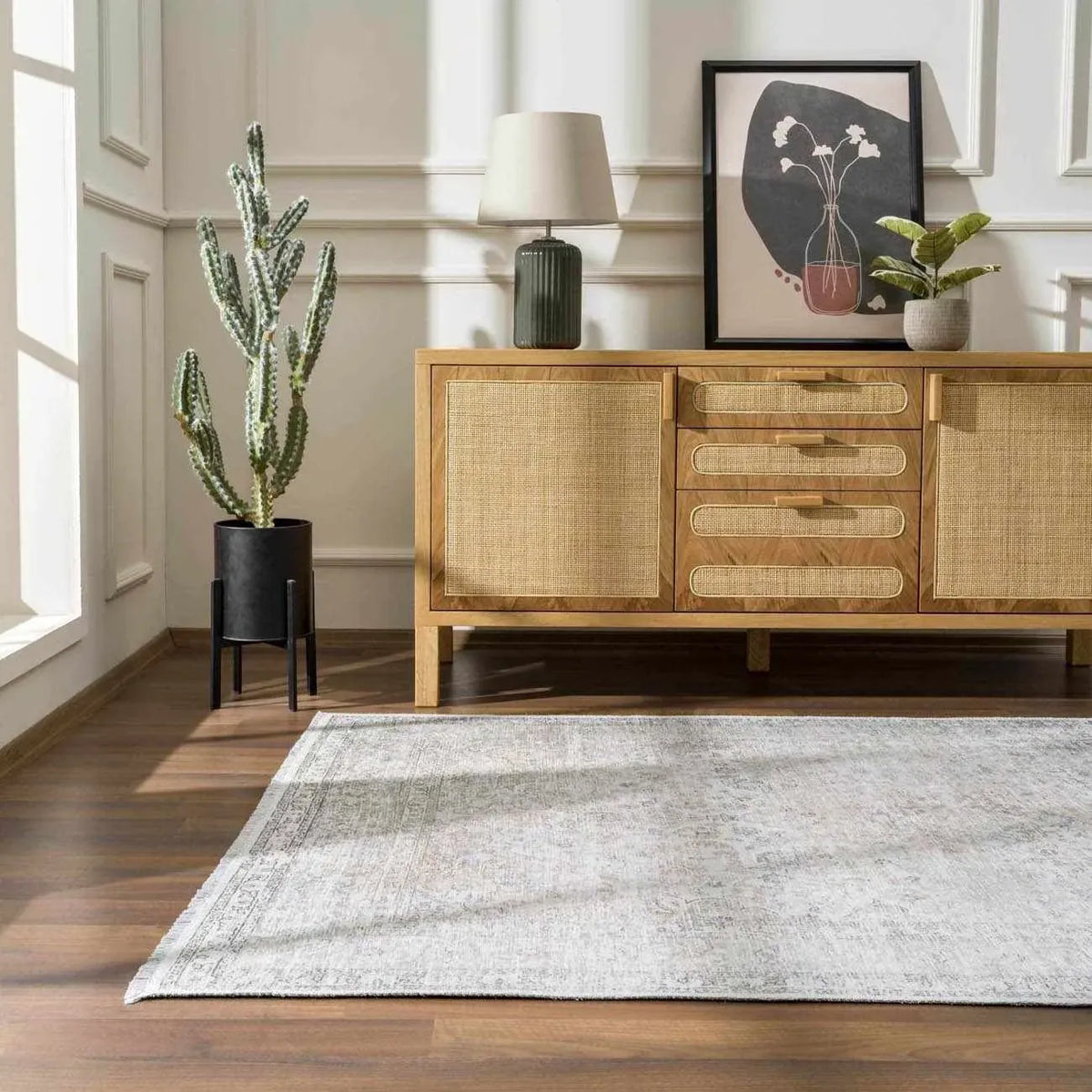 Washable Cream Area Rug with Traditional Pattern, Low Profile and Rectangle, Square or Runner Sizes