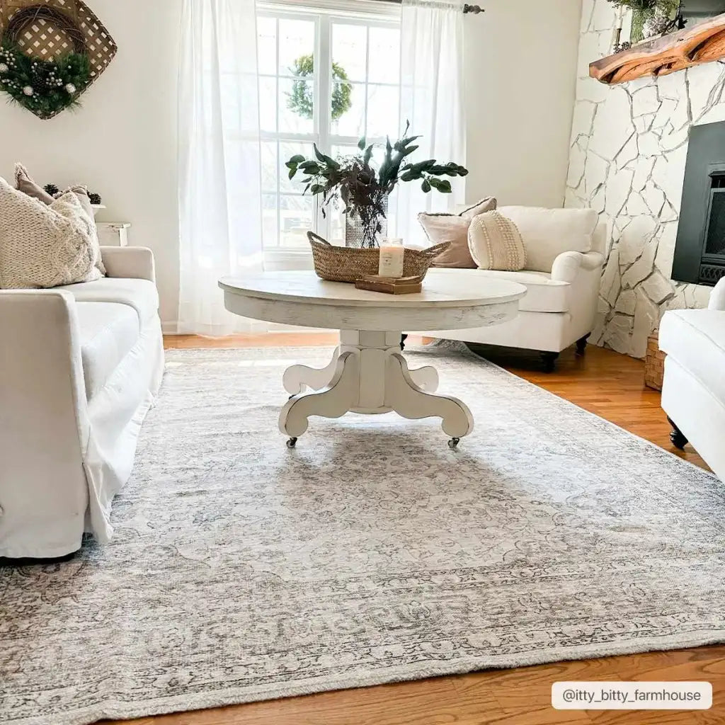 Washable Cream Area Rug with Traditional Pattern, Low Profile and Rectangle, Square or Runner Sizes