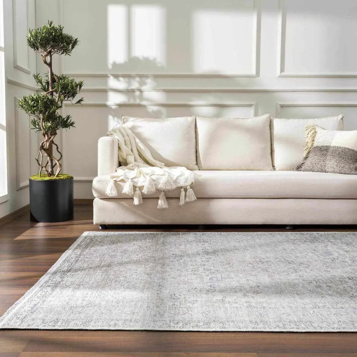 Washable Cream Area Rug with Traditional Pattern, Low Profile and Rectangle, Square or Runner Sizes