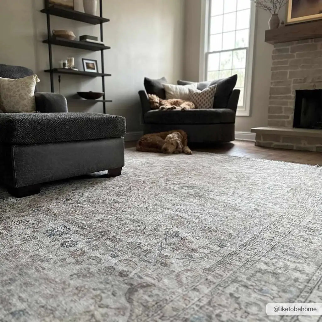 Washable Cream Area Rug with Traditional Pattern, Low Profile and Rectangle, Square or Runner Sizes