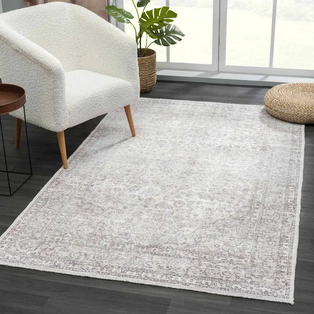 Washable Cream Area Rug with Traditional Pattern, Low Profile and Rectangle, Square or Runner Sizes