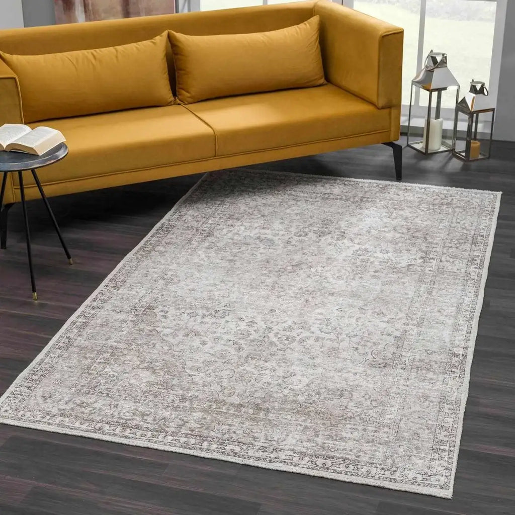 Washable Cream Area Rug with Traditional Pattern, Low Profile and Rectangle, Square or Runner Sizes
