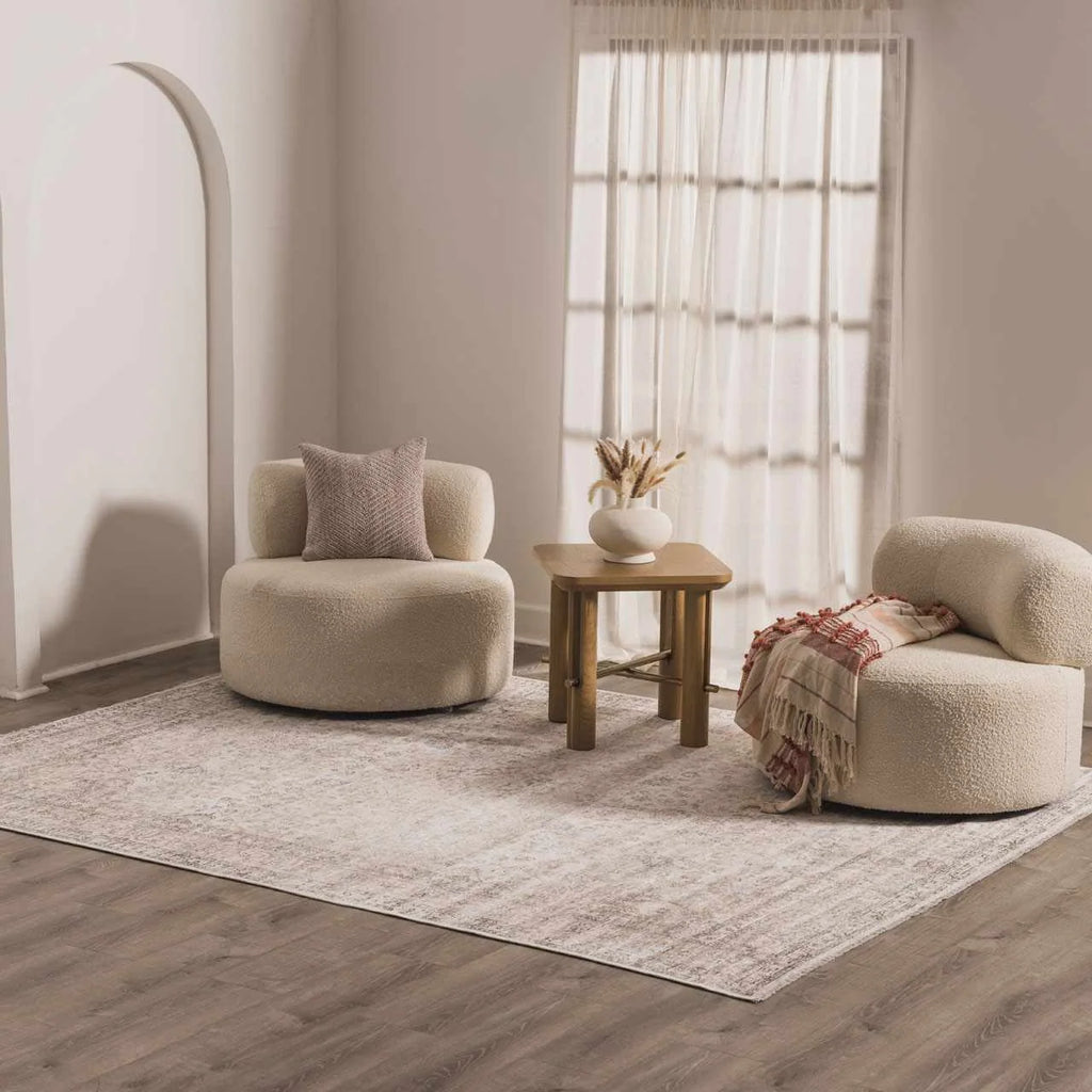 Washable Cream Area Rug with Traditional Pattern, Low Profile and Rectangle, Square or Runner Sizes