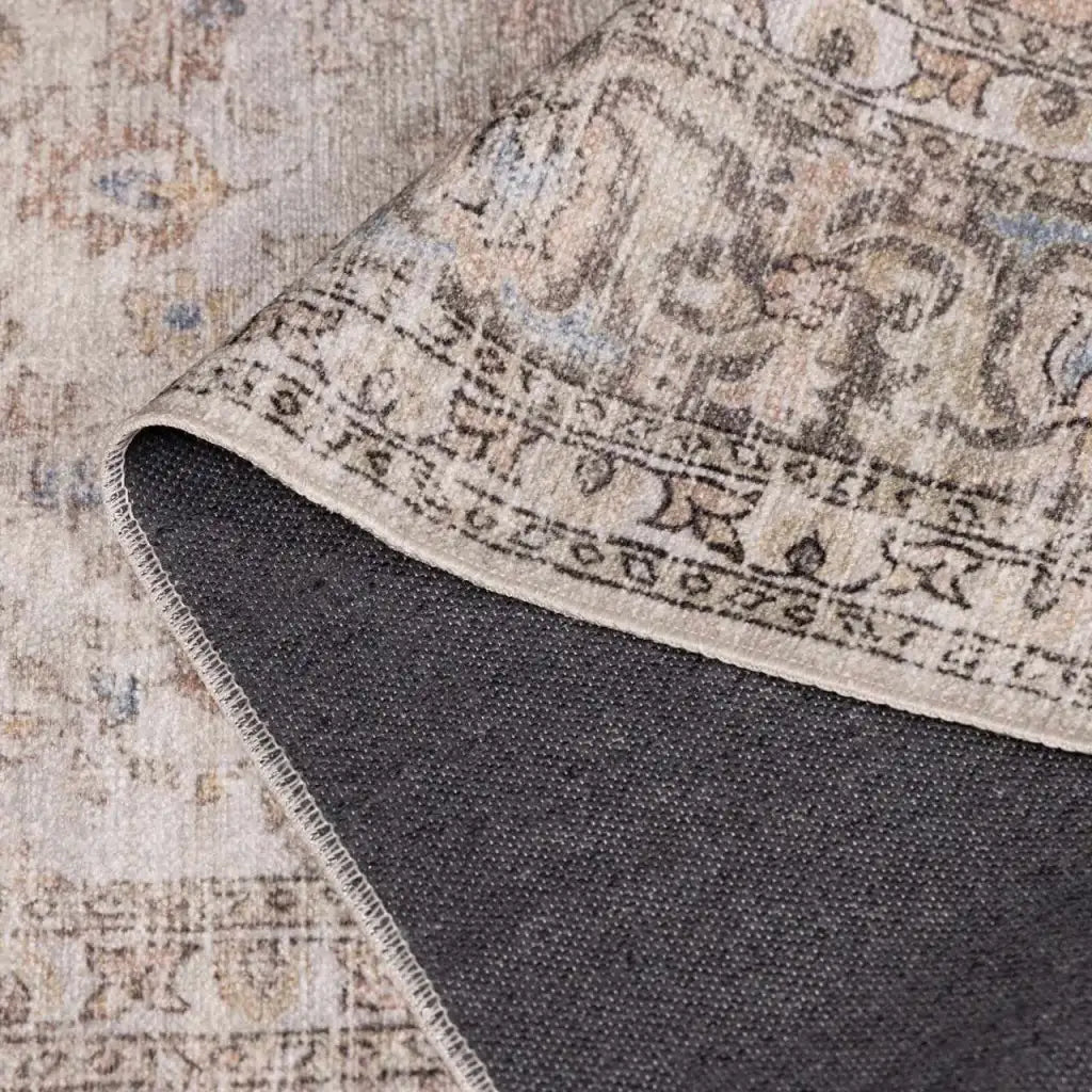 Washable Cream Area Rug with Traditional Pattern, Low Profile and Rectangle, Square or Runner Sizes