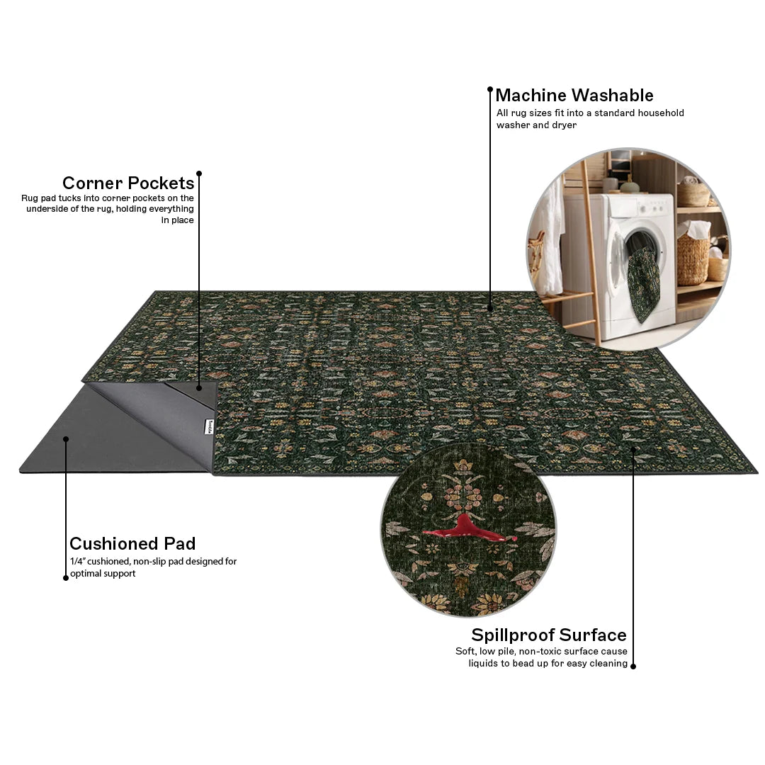 Washable Floral Rug and Pad Set in Forest Green
