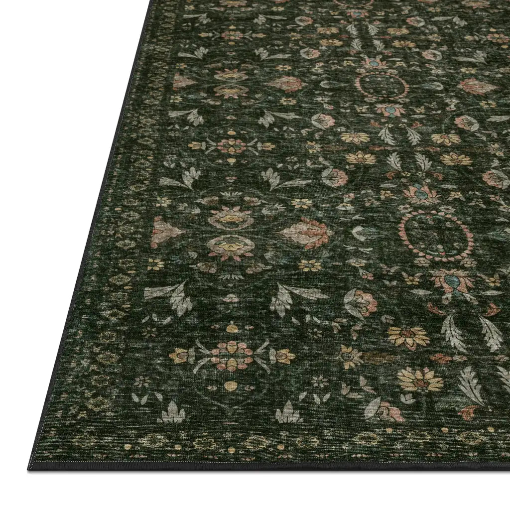 Washable Floral Rug and Pad Set in Forest Green