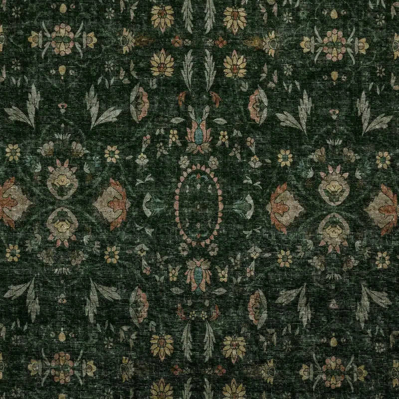 Washable Floral Rug and Pad Set in Forest Green