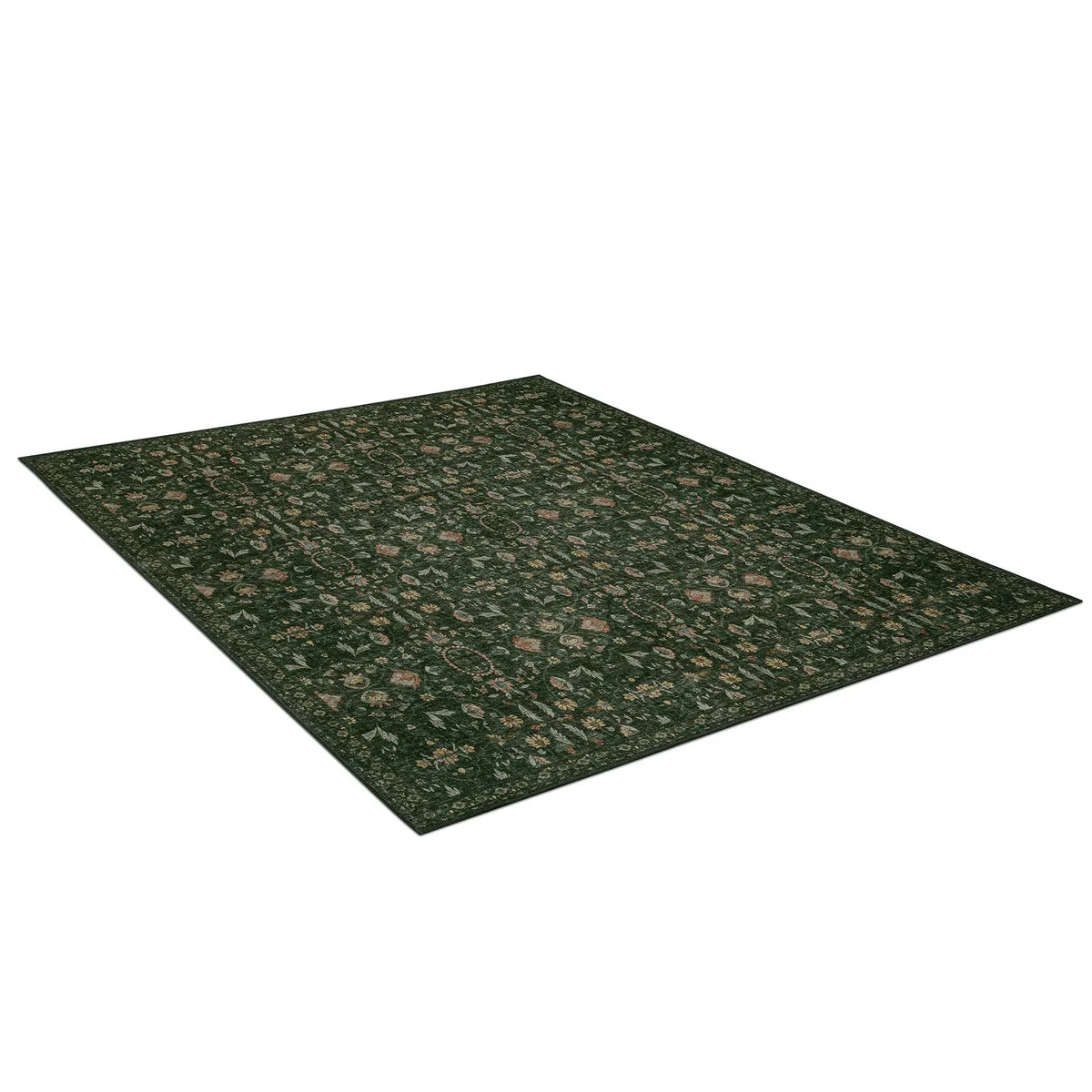 Washable Floral Rug and Pad Set in Forest Green